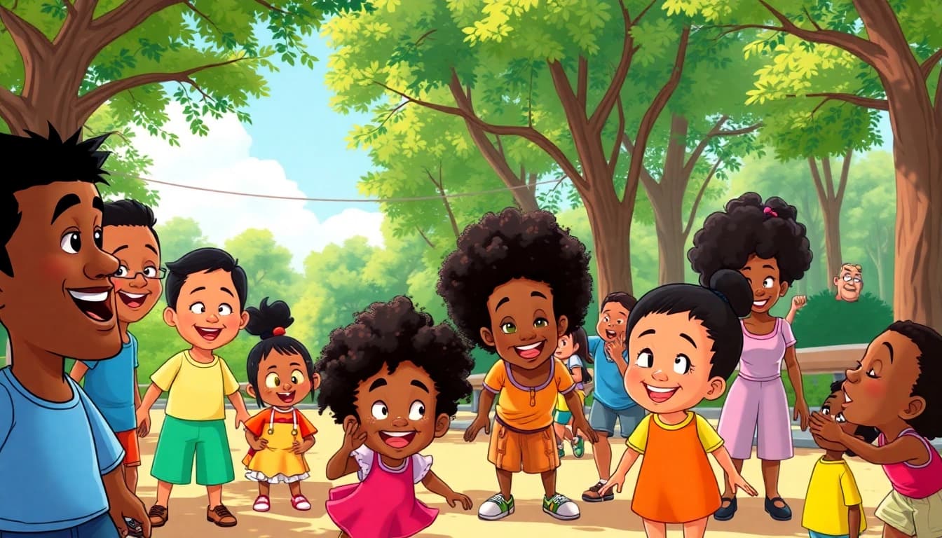 Celebrate African American Cartoons with diverse characters enjoying a vibrant park scene.