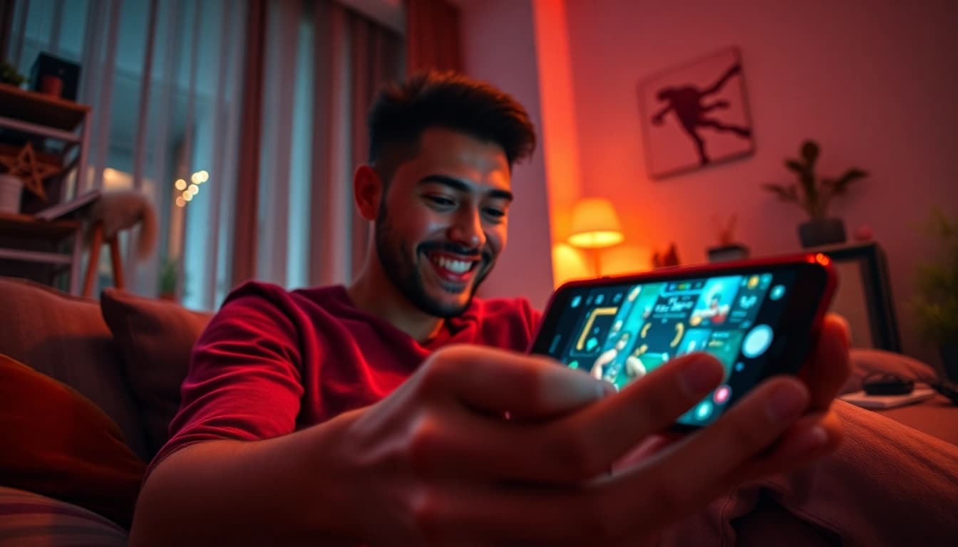 Engaged user playing a mobile porn game on a smartphone in a cozy setting.