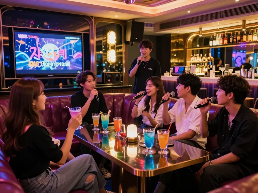 활기찬 노래방에서 음료를 즐기며 노래하는 친구들 그룹