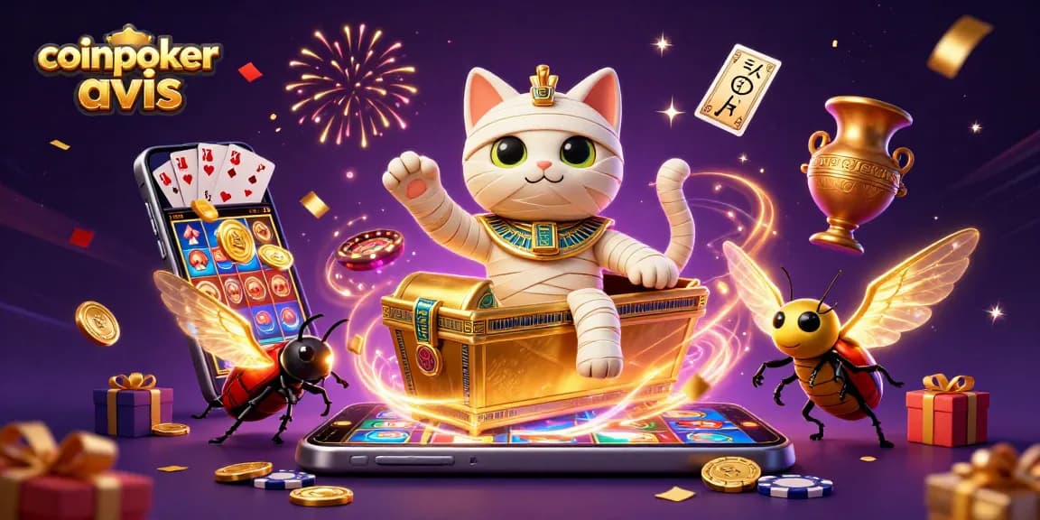 CoinPoker avis : Découvrez une scène de jeu dynamique avec une momie et un scarabée dans un casino.