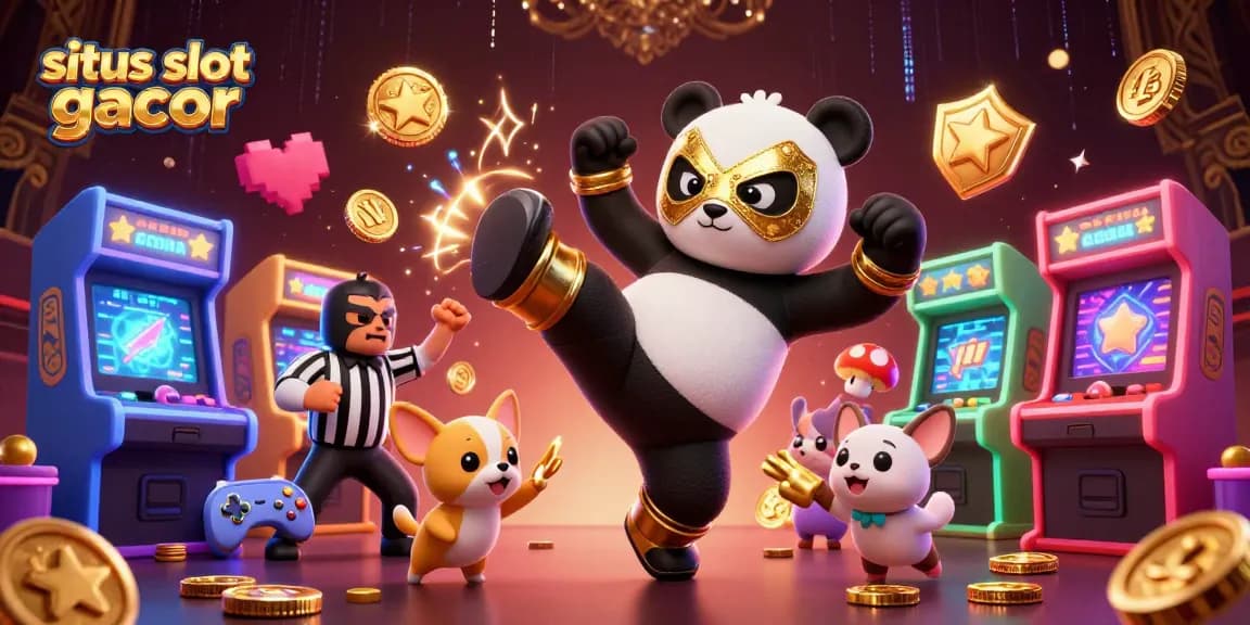 Permainan di situs slot gacor dengan karakter panda dan chihuahua dalam suasana penuh energi.