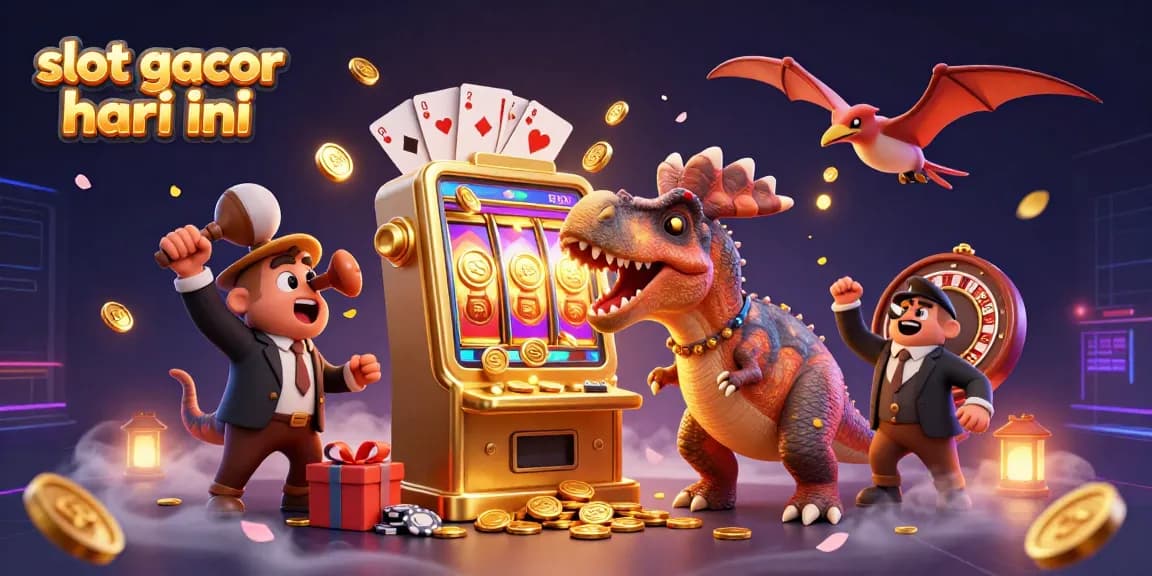 Catch the excitement of slot gacor hari ini with a dinosaur headbutting a golden slot machine!
