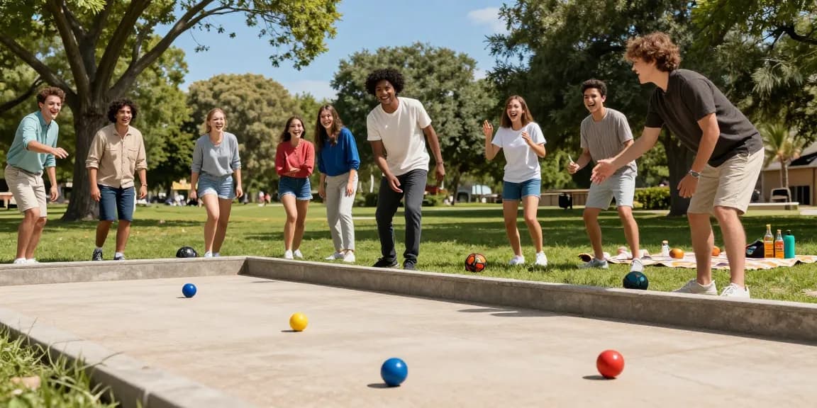 Permainan petanque di fopikotamakassar.org, kelompok teman menikmati waktu di taman dengan bola petanque yang berwarna-warni.