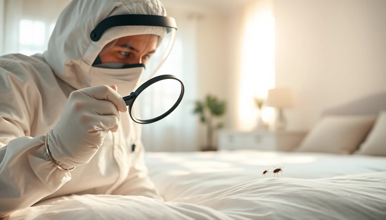 Inspecting for bed bug exterminator cost in a clean, well-lit bedroom.