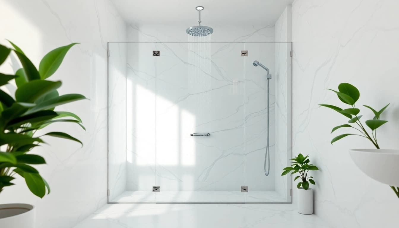 Experience elegant showers Australia with a luxurious rainfall fixture and marble decor.