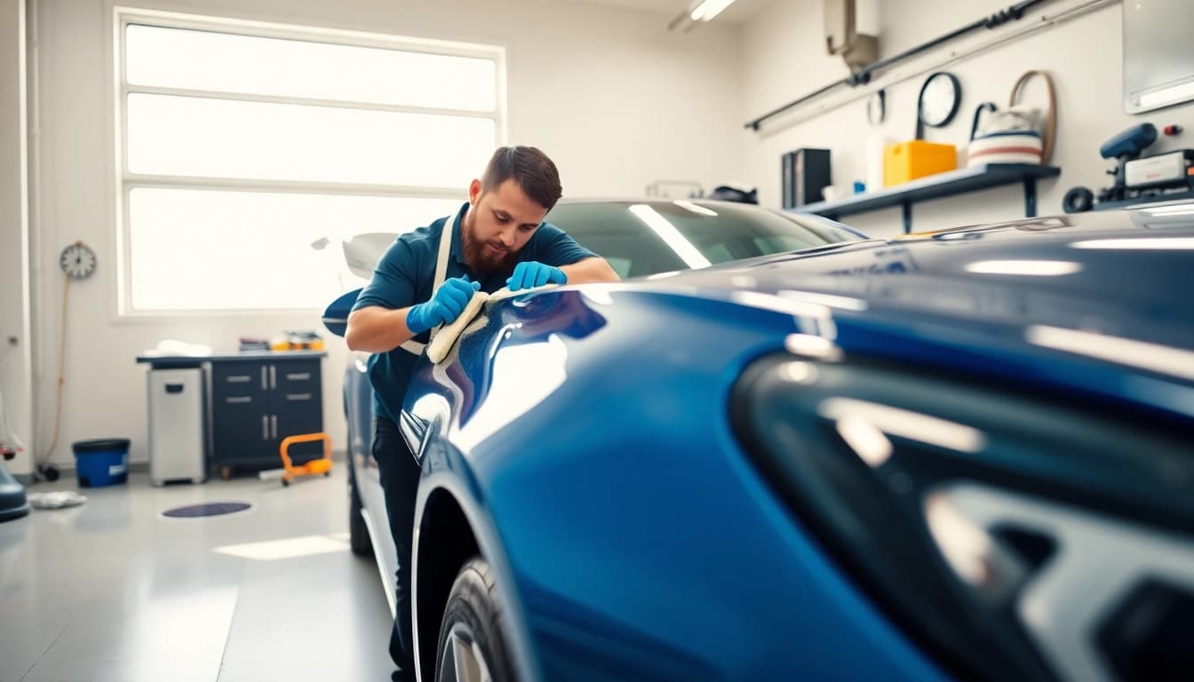 Expert car detailing Chattanooga highlighting a technician polishing a vehicle in a bright garage.