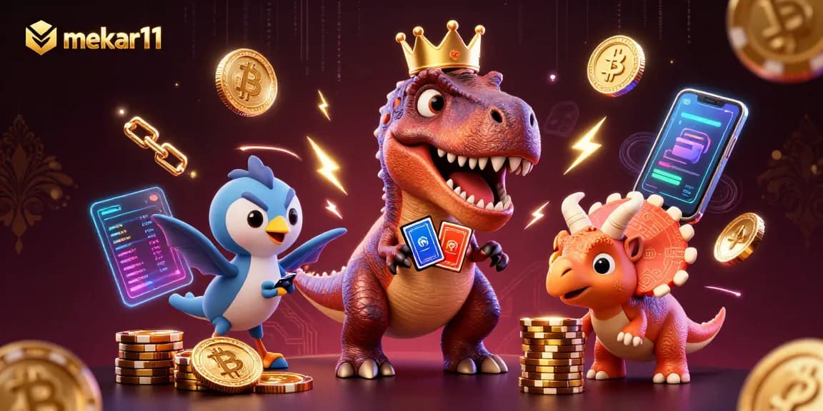 Play with mekar11's vibrant crypto-themed characters in an exciting casino scene.