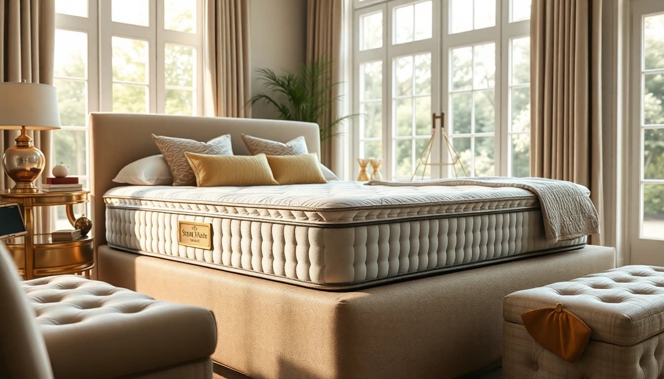 Showcasing Stearns & Foster box spring in a luxurious bedroom setting with warm lighting and elegant decor.