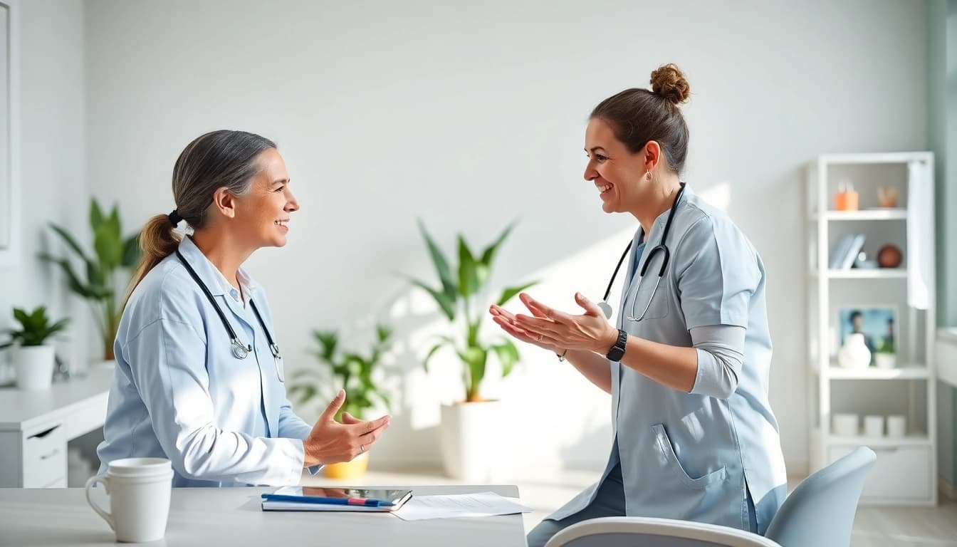 Enhance Physical Therapy Marketing by showcasing a therapist engaging with patients in a bright clinic.