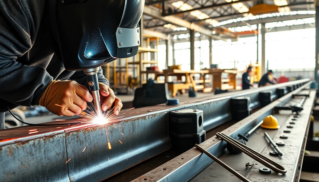 Technician performing structural steel welding with precision in an industrial setting.
