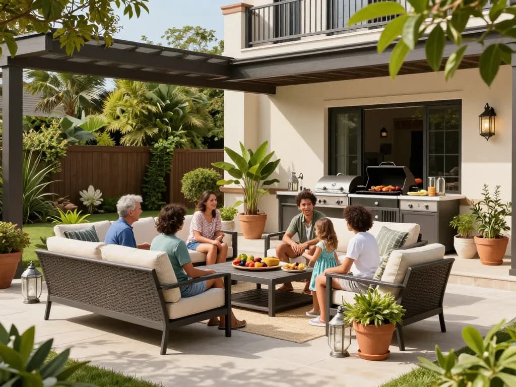 Outdoor living configurator in action with a family enjoying a stylish patio setup surrounded by greenery.