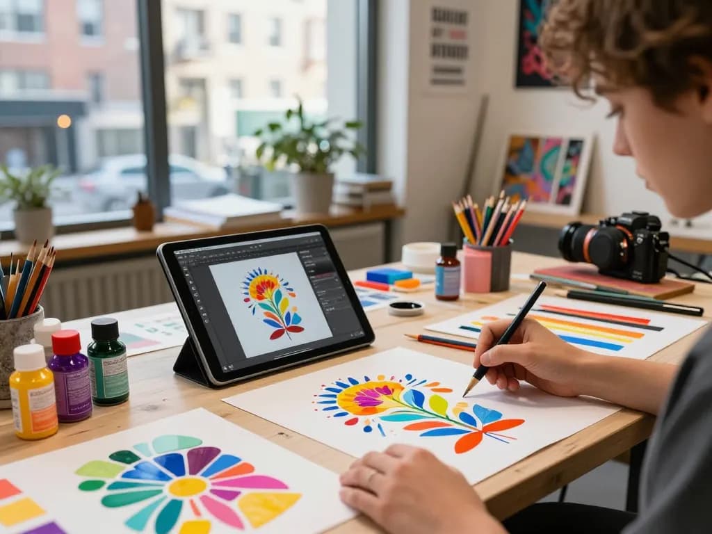 Custom acrylic standee design process in a vibrant art studio with colorful materials.