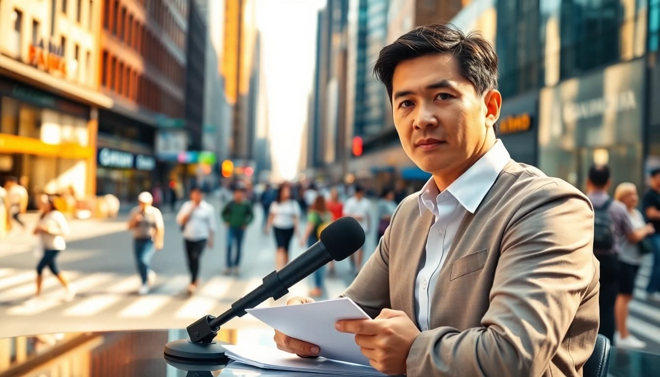 Engaging news journalist reporting live amid the vibrant urban backdrop.