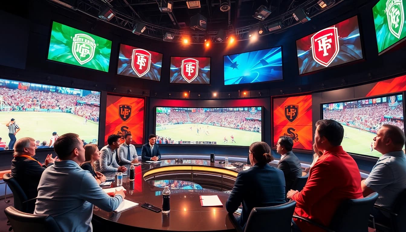Engaged commentators discussing Sports Broadcasting in a vibrant studio setting