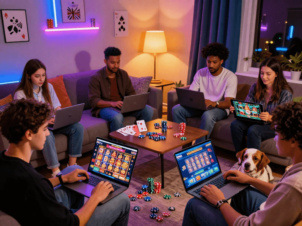 Vibrant scene of UK players exploring top rated EU casinos at home, showcasing diverse games and cozy atmosphere.