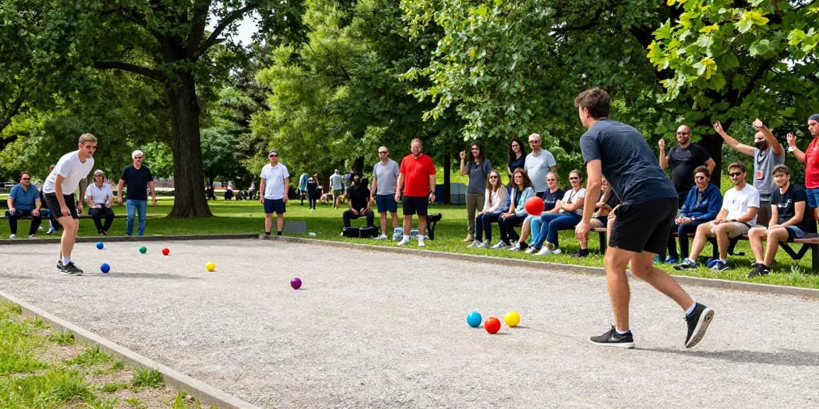 Suasana turnamen petanque di taman oleh fopikotagorontal.org dengan peserta beragam dan penonton bersorak.