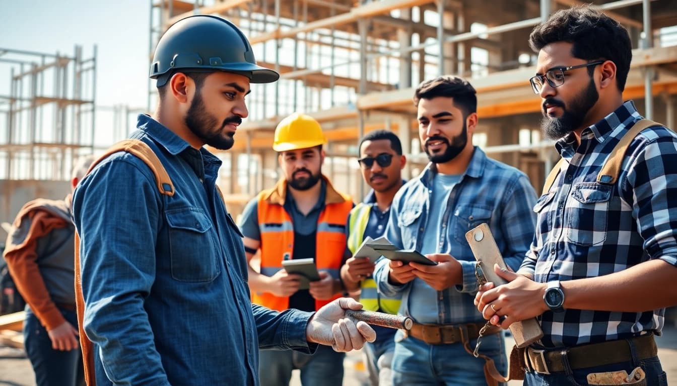 Engaged learners in a contractor apprenticeship program showcasing practical skills at a construction site.