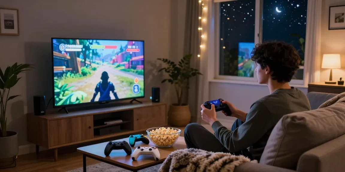 Enjoying an adult game in a cozy gaming space with plush sofa and warm lighting.
