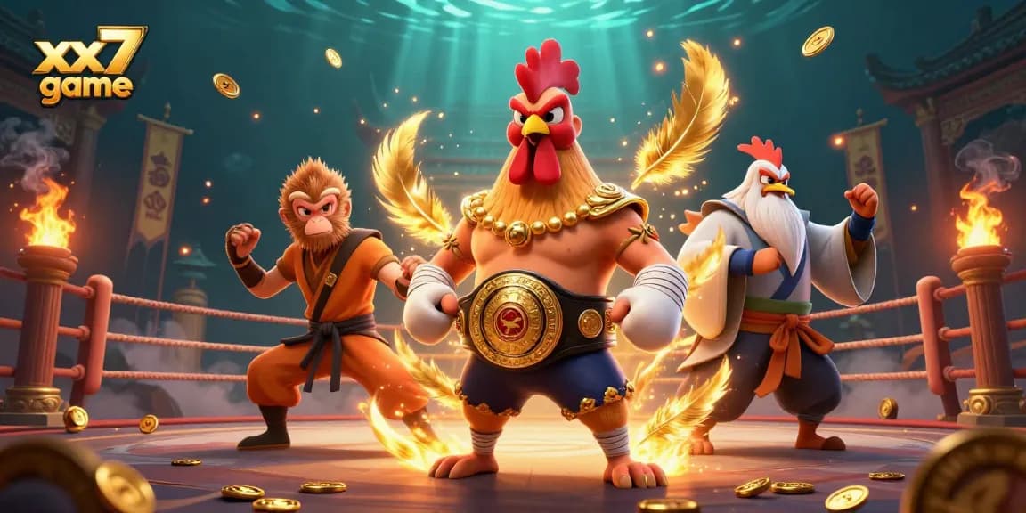 Experience the xx7 game with animated characters fighting amidst vibrant casino elements.
