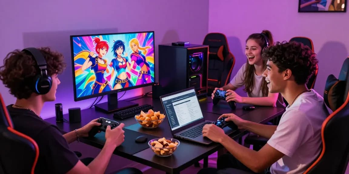 Young adults enjoying an engaging adult game night together, showcasing interactive visual novel gameplay.