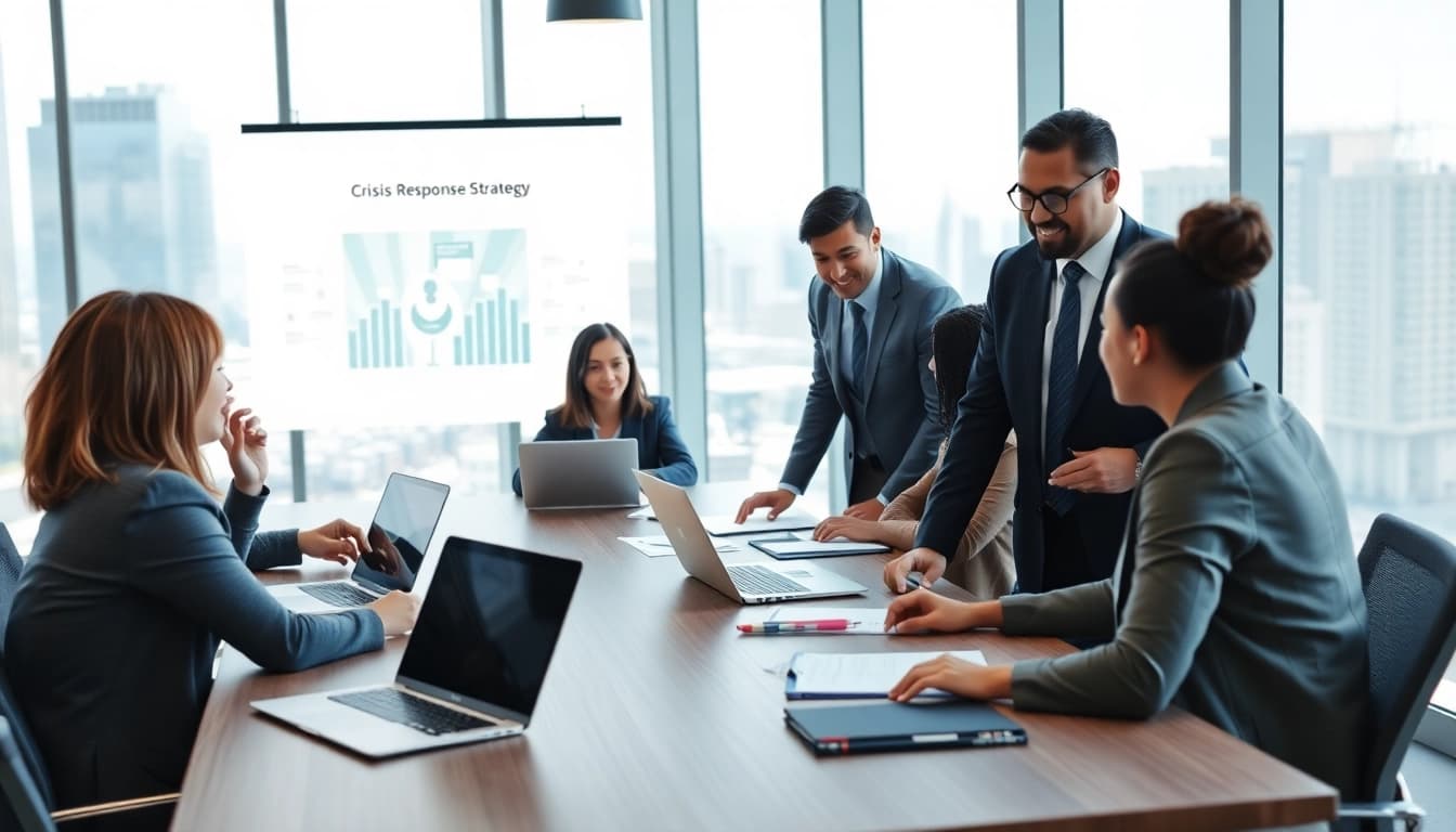 Crisis management consultant collaborating with a team to develop strategic solutions.