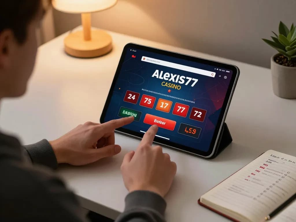 Engaging scene of a player using the Alexis77 login on a tablet to access exciting casino games.