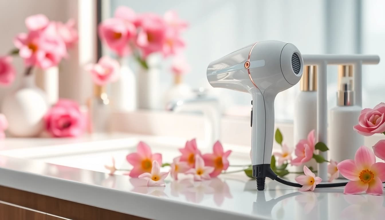 Enhance your look with a hair dryer for frizzy hair, artfully positioned on a bathroom countertop.