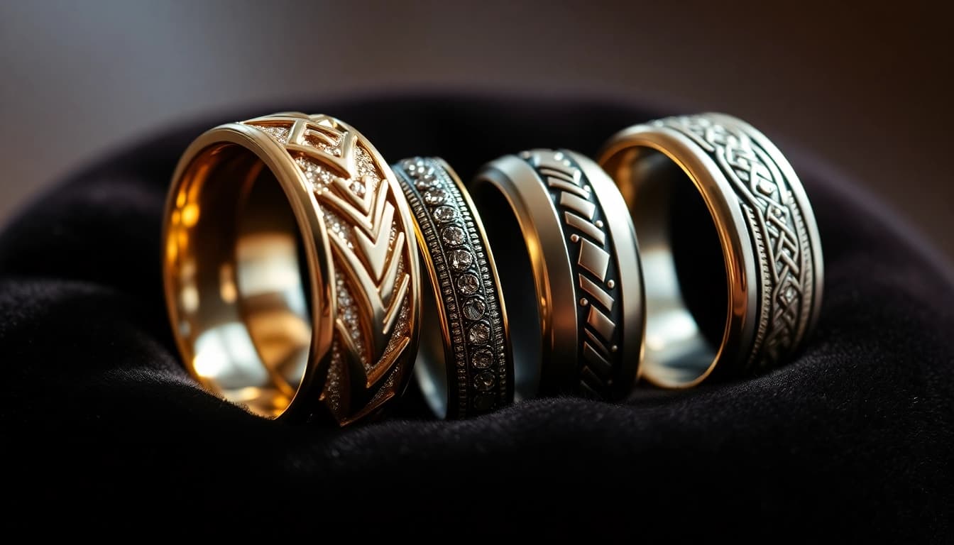 Showcase unique wedding bands for men featuring intricate designs and textures on a plush cushion.
