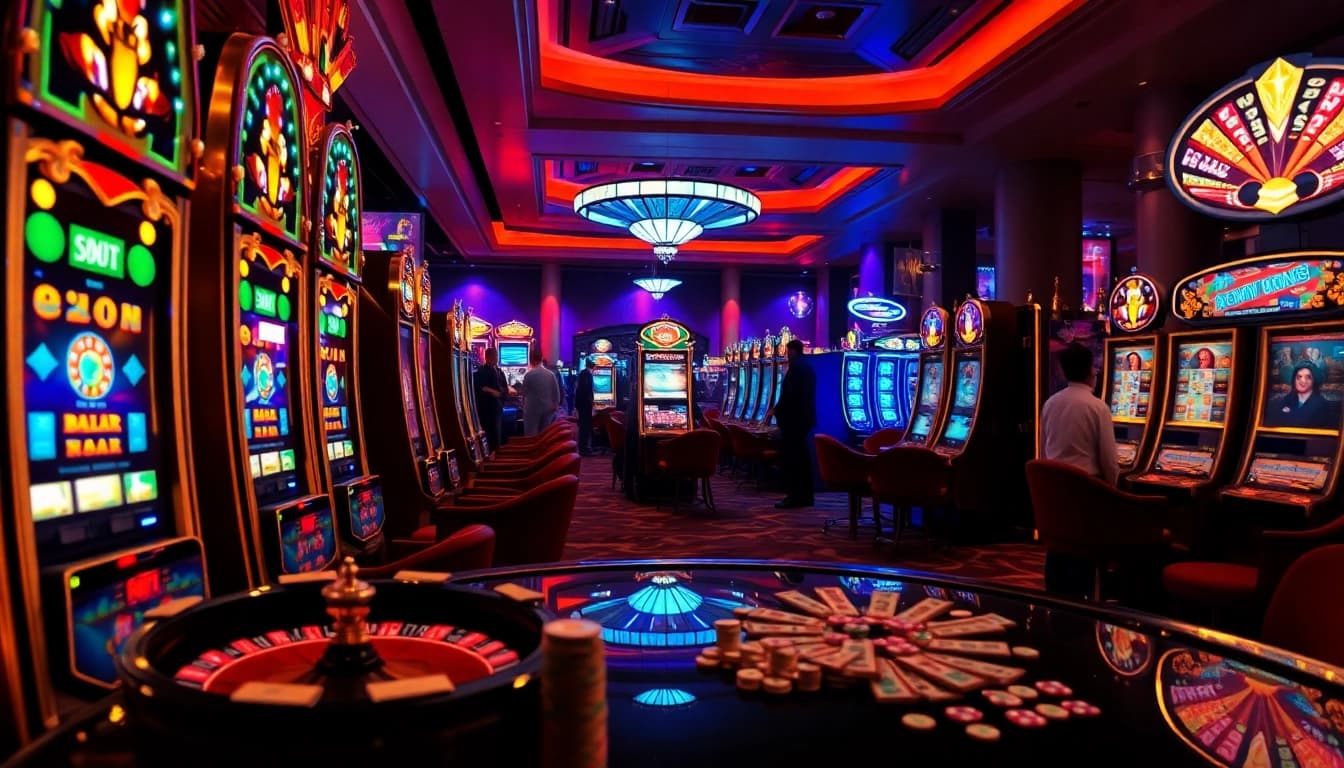 Adegan menarik Slot Depo Pulsa di kasino yang hidup dengan pemain yang antusias di mesin slot mewah.
