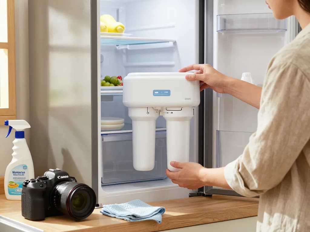 Installing Waterdrop Maxblue EDR3RXD1 Replacement for 4396841 filter in a modern kitchen, showcasing fresh water access.