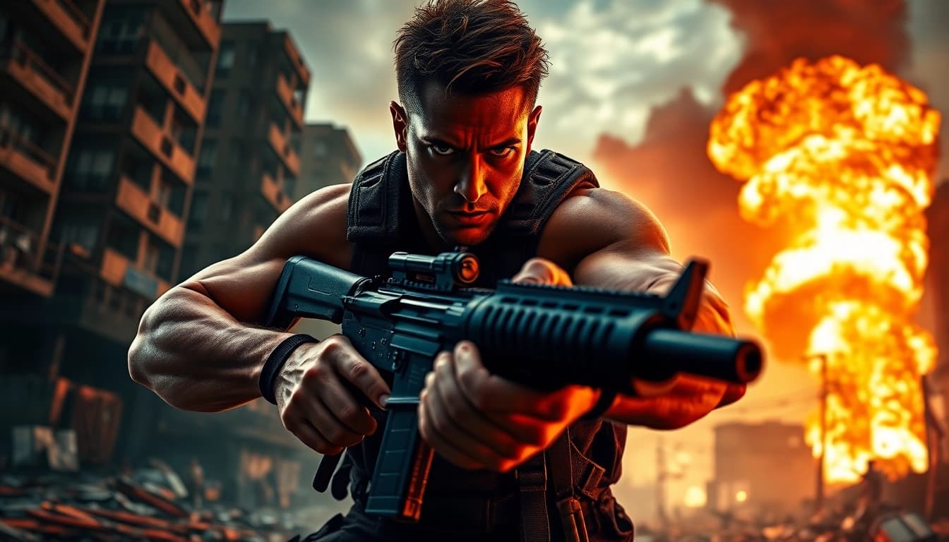 Capture the intense action of Bayside Boom with a heroic ex-special forces captain in dramatic urban chaos.