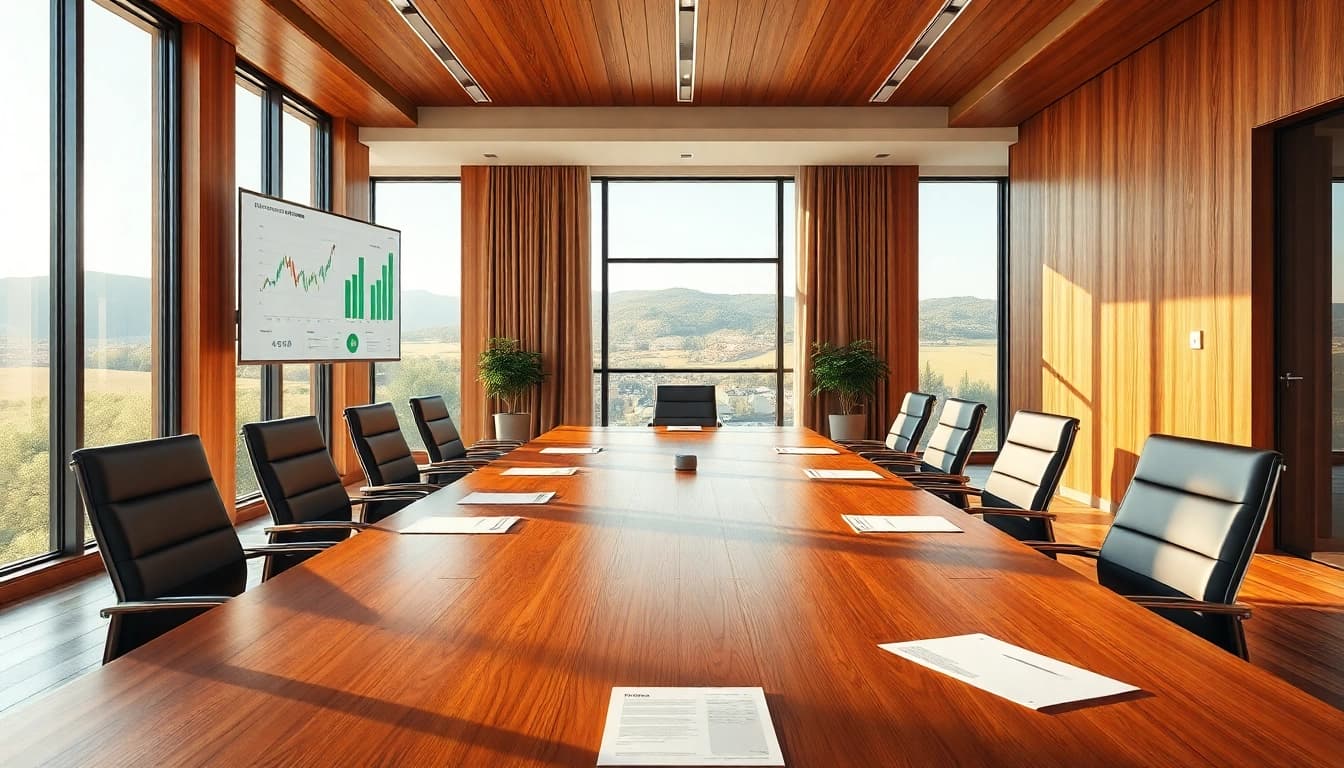 Rappresentazione visiva di un ambiente d'ufficio sofisticato per l'acquisto di un'azienda italiana, con architettura italiana e professionisti del mondo degli affari.
