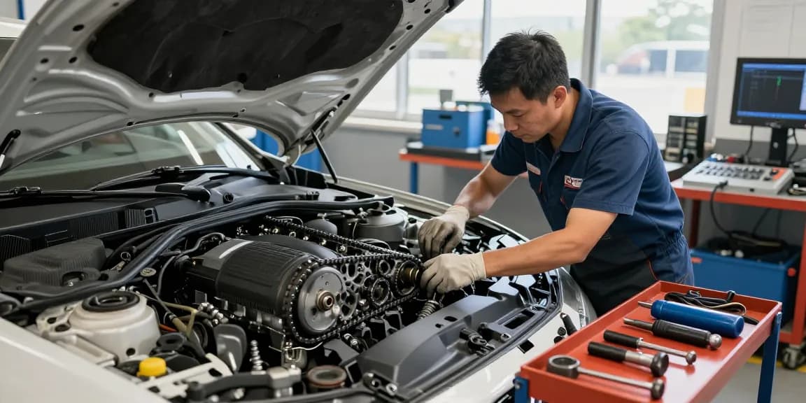 Professioneller Mechaniker, der die BMW Steuerkette wechselt, in einer gut ausgestatteten Werkstatt.