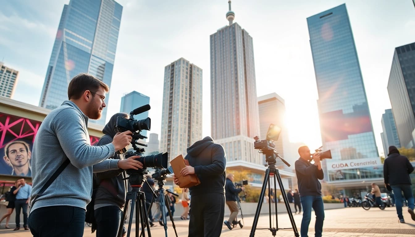 Professional videographers in Toronto filming a vibrant downtown scene bustling with energy.