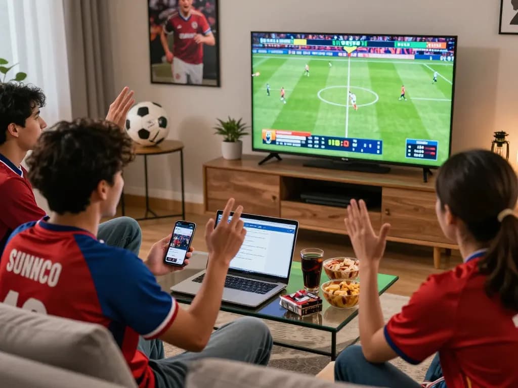Engaged sports fan at home enjoying live football on Cakhiatv24h.com with snacks and team memorabilia.