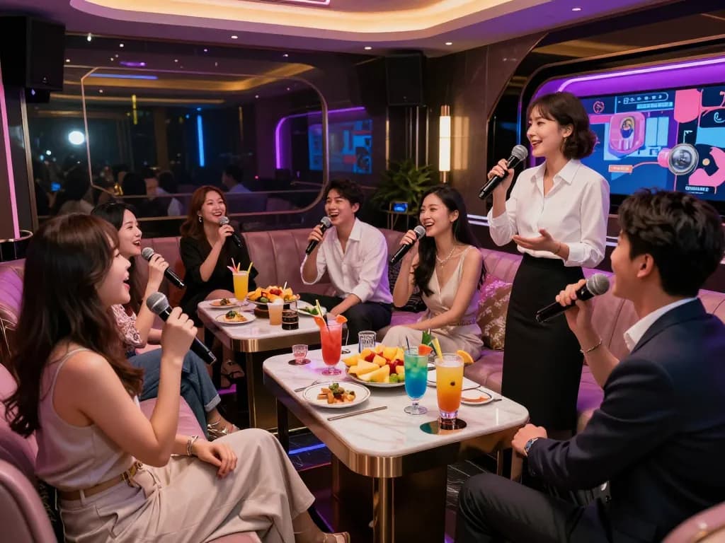 Karaoke experience at gangnamtune.com, showcasing luxurious private rooms with guests enjoying drinks and music.