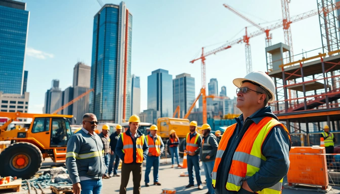 New York Construction Manager leading a diverse team at a busy construction site.