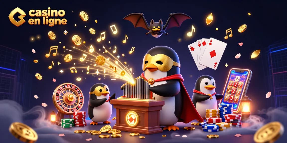 Plongez dans l'univers du casino en ligne avec cette scène dynamique montrant un pingouin magicien jouant un orgue fantastique.