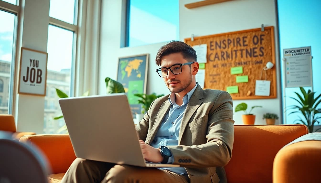 Engaging in Job Search using a laptop in a bright, motivating office environment.
