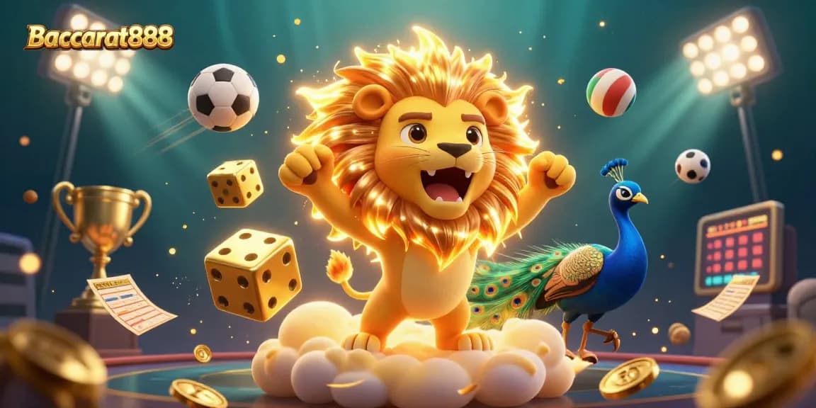 Engage in Baccarat888 gaming with a dynamic 3D casino illustration featuring vibrant characters and action.