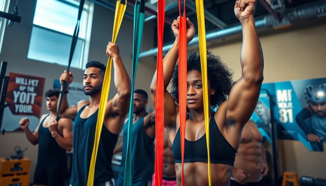 Dynamic workout scene showcasing pull-up resistance bands in use by diverse athletes, promoting strength and fitness.