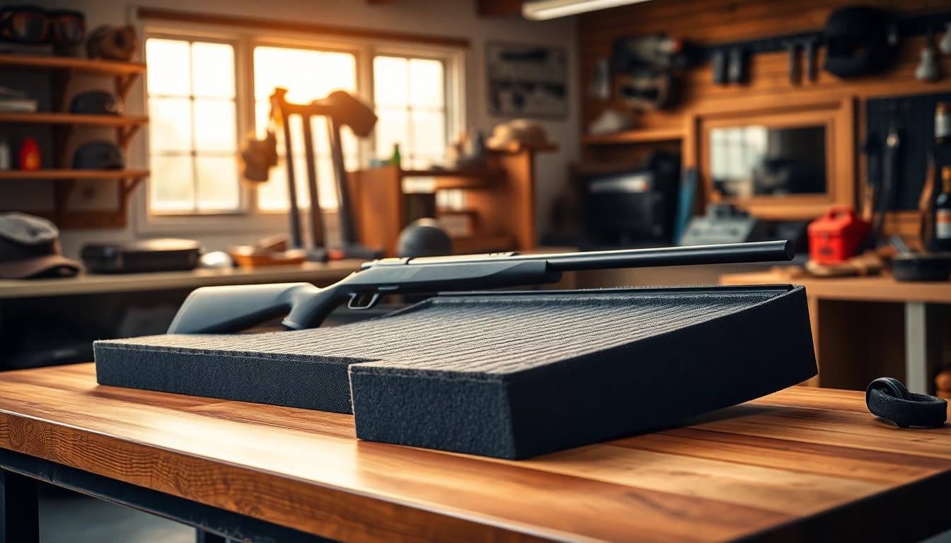 Showcasing foam for rifle case with rugged accessories and warm lighting.