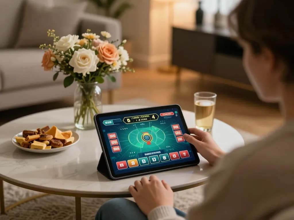 Player enjoying a live dealer game on a tablet, experiencing lc88 entertainment in a cozy home