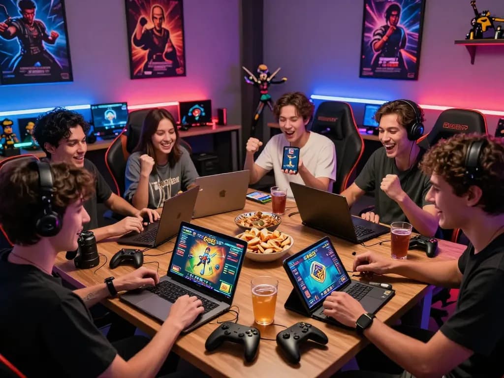 Exciting group playing tải go88 online games with laptops and snacks in a vibrant room.