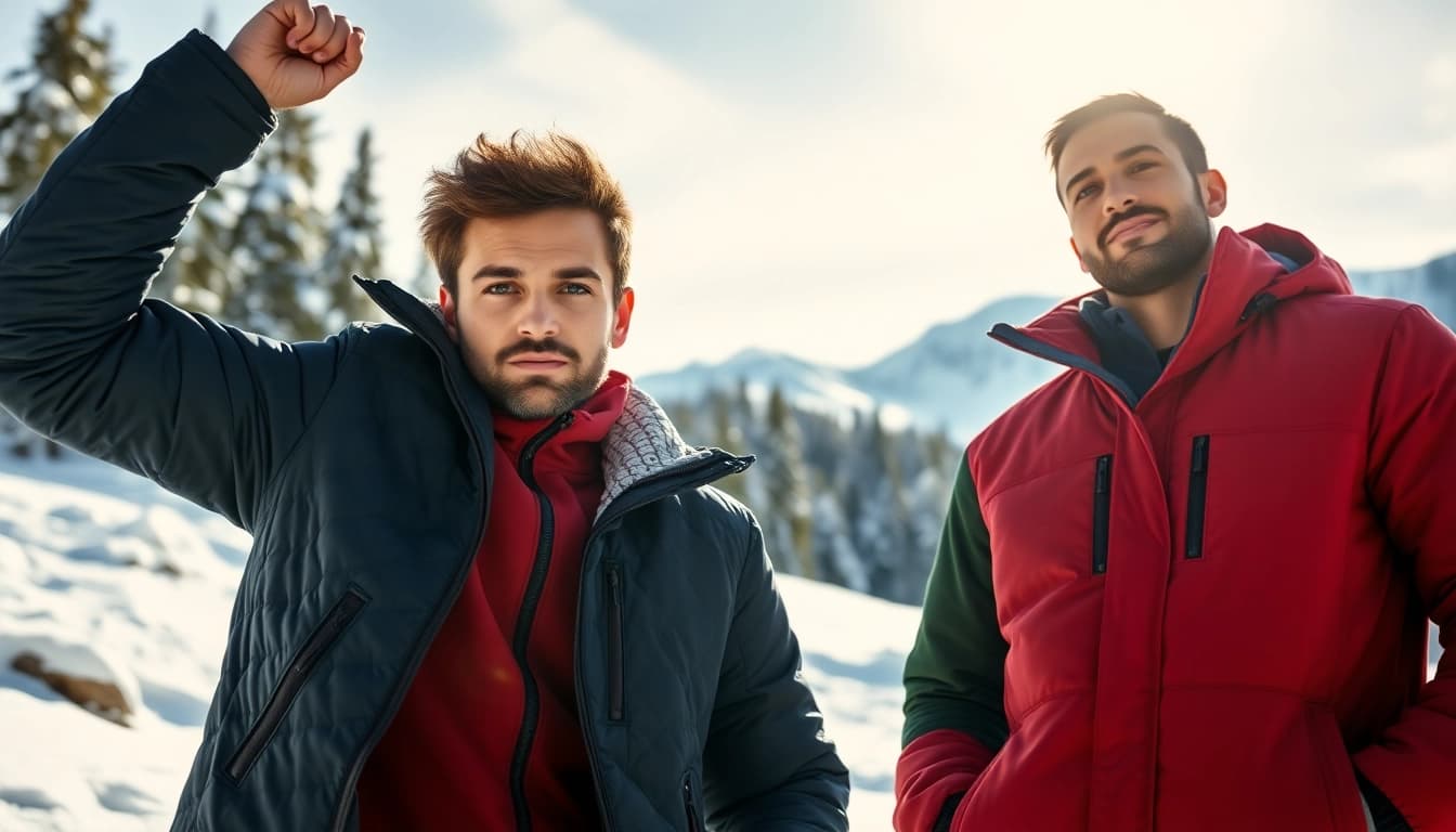 Model showcases men's winter jackets in a snowy environment, highlighting their style and warmth.