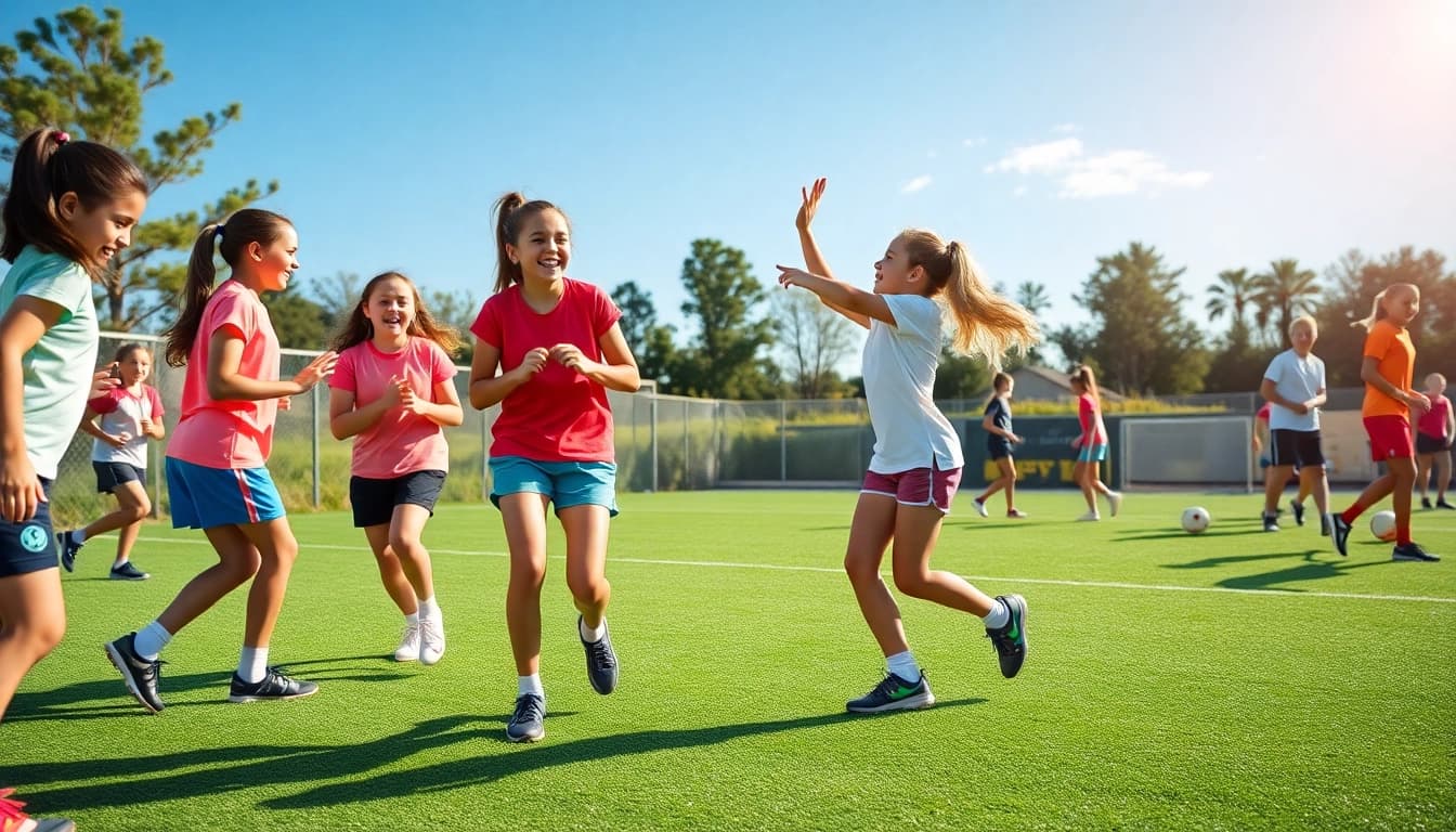 Empowering scene of girls participating in Multi Sports Camps for Girls, showcasing teamwork and sports.