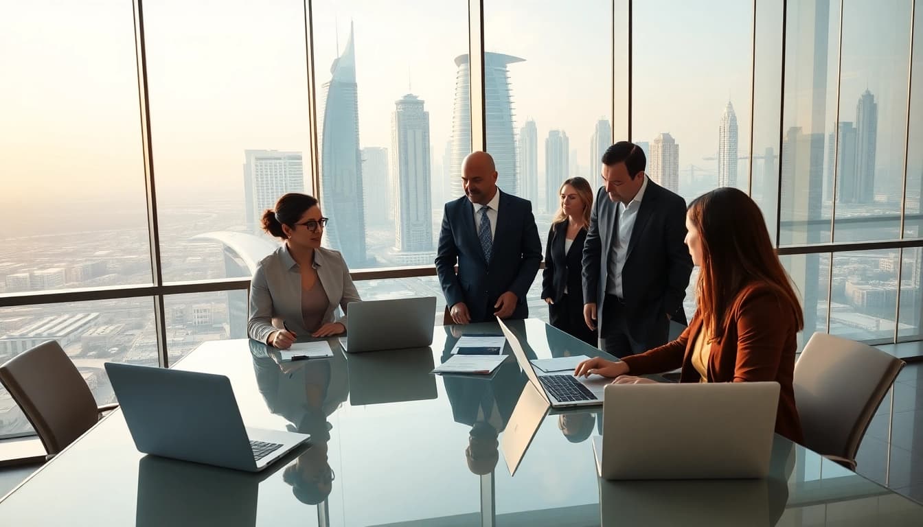Engaged team discussing business setup company Dubai strategy in a bright modern office.