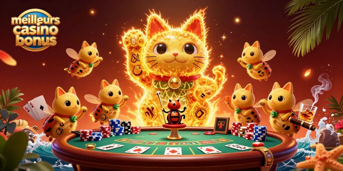 Admirez les meilleurs bonus de casino avec un chat chanceux et des éléments de jeu scintillants.