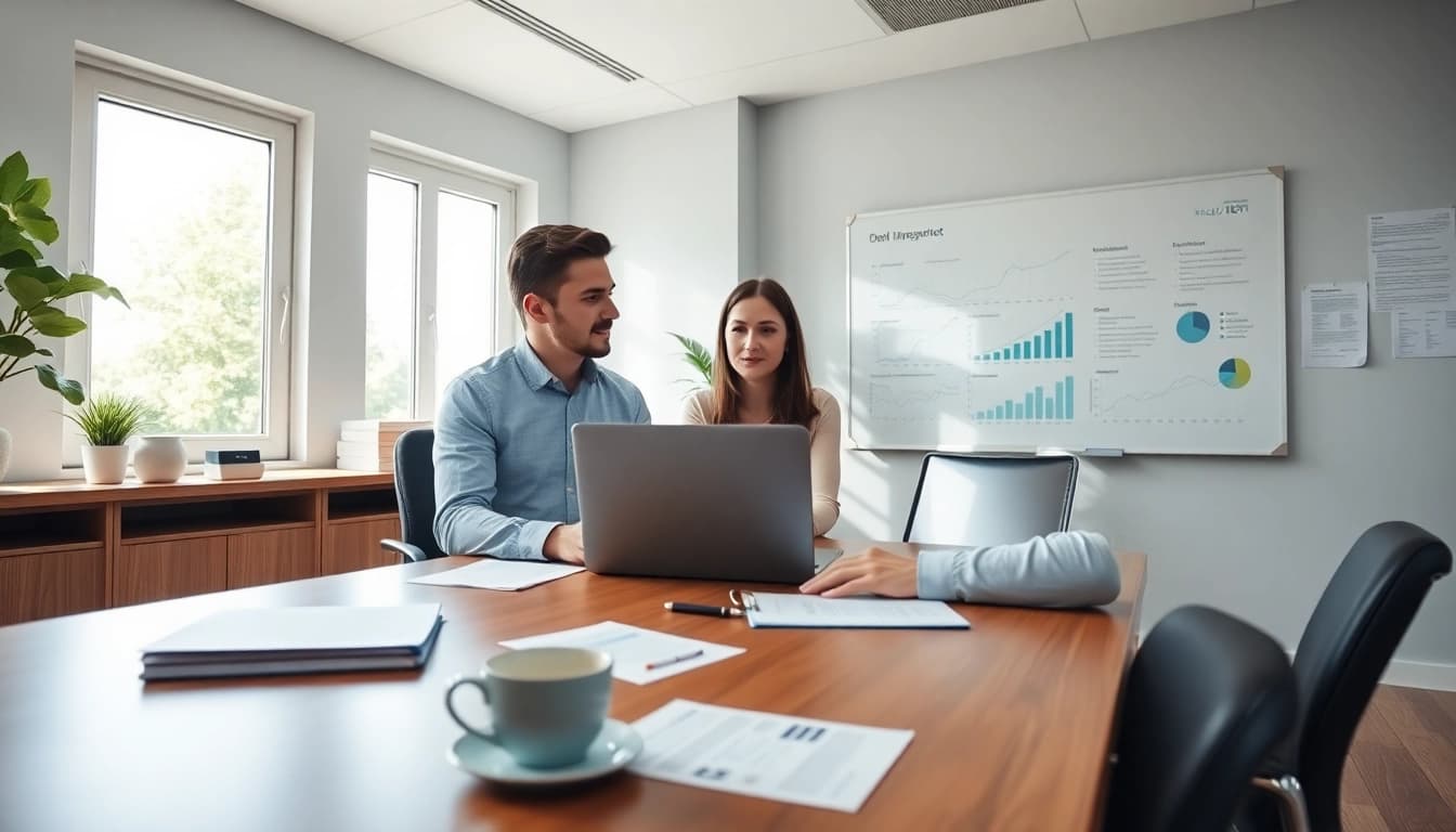 Scena coinvolgente che mostra un consulente finanziario che assiste un cliente nell'approfondire quiz di autodiagnosi della sovraindebitamento.