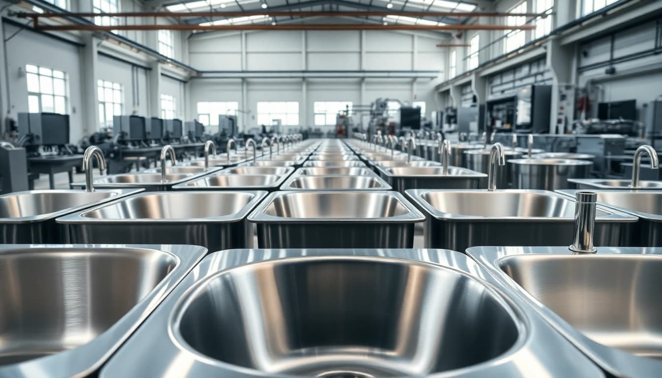 Stainless steel basin factory showcasing polished products in a modern industrial setting.